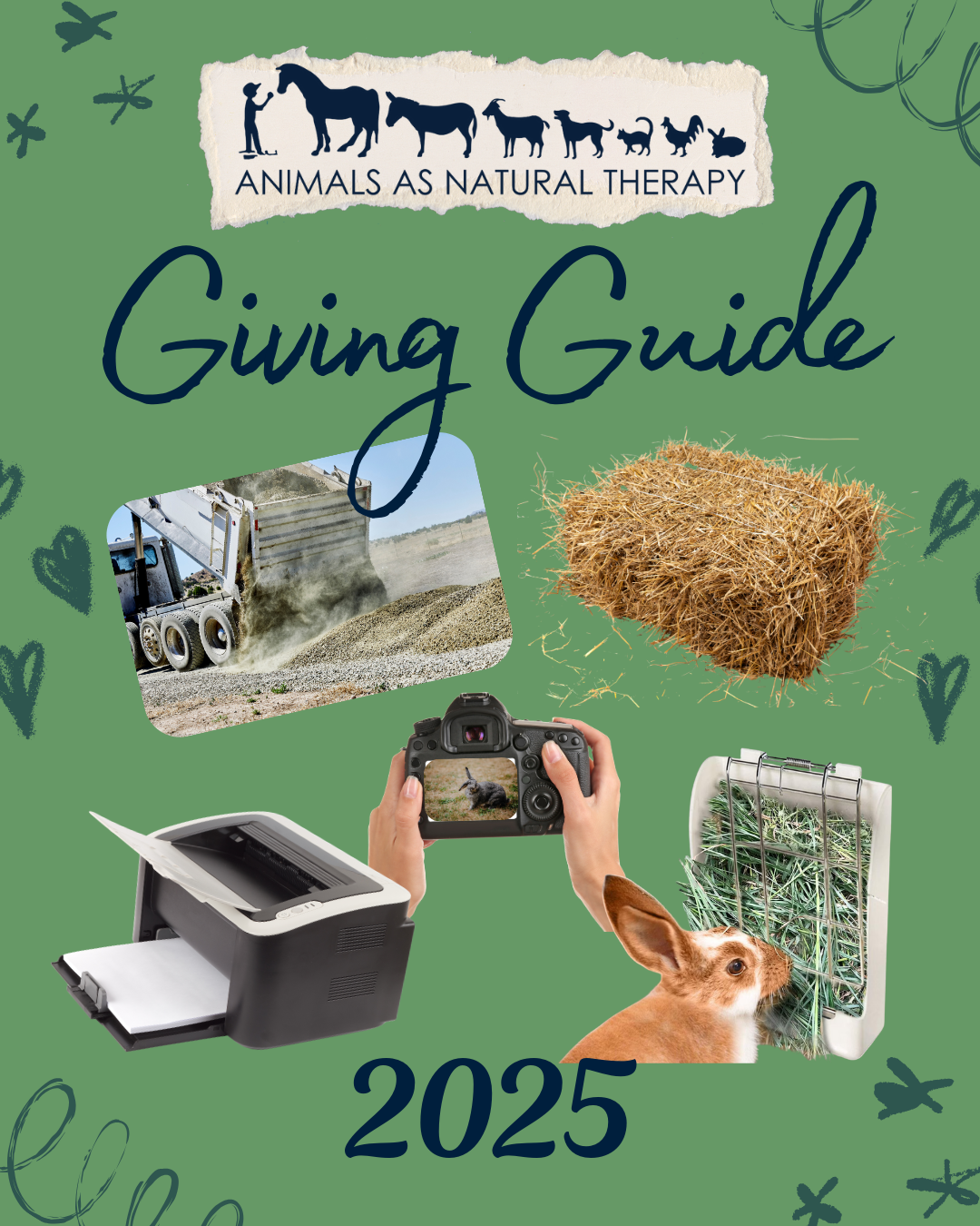 Giving Guide 2025 graphic with pictures of hay, gravel, and other items